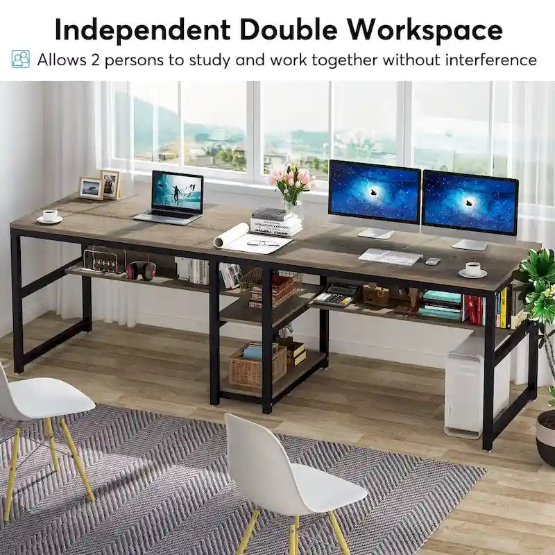 Bureau double poste de travail marron/blanc/noir/gris de 200 cm avec étagères de rangement pour 2 personnes