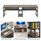 Bureau double poste de travail marron/blanc/noir/gris de 200 cm avec étagères de rangement pour 2 personnes