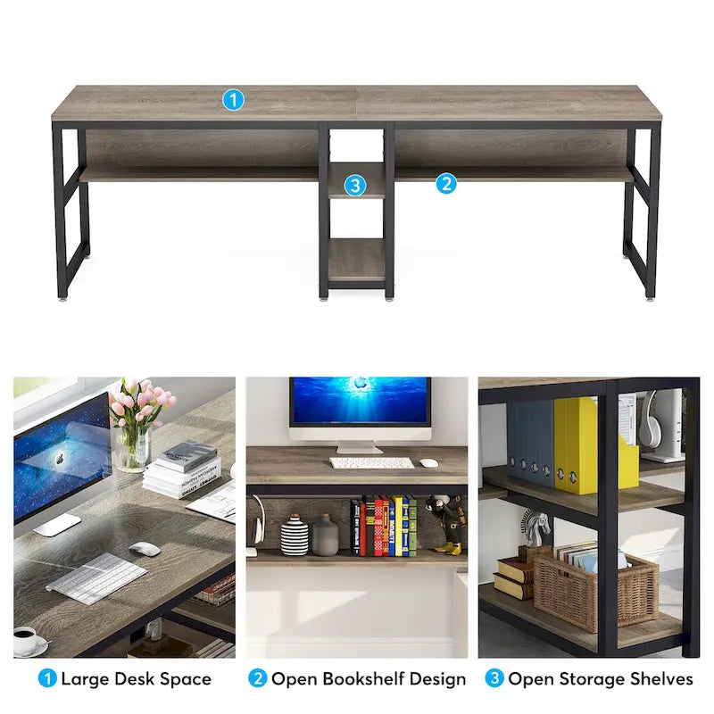 Bureau double poste de travail marron/blanc/noir/gris de 200 cm avec étagères de rangement pour 2 personnes