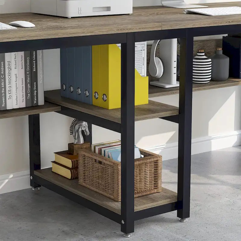 Bureau double poste de travail marron/blanc/noir/gris de 200 cm avec étagères de rangement pour 2 personnes