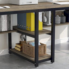 Bureau double poste de travail marron/blanc/noir/gris de 200 cm avec étagères de rangement pour 2 personnes