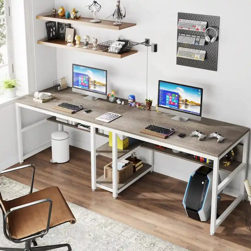 Bureau double poste de travail marron/blanc/noir/gris de 200 cm avec étagères de rangement pour 2 personnes