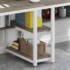 Bureau double poste de travail marron/blanc/noir/gris de 200 cm avec étagères de rangement pour 2 personnes