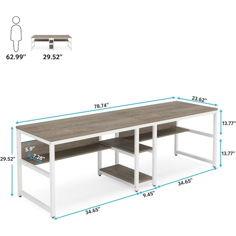 Bureau double poste de travail marron/blanc/noir/gris de 200 cm avec étagères de rangement pour 2 personnes