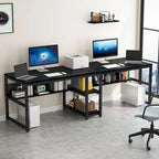 Bureau double poste de travail marron/blanc/noir/gris de 200 cm avec étagères de rangement pour 2 personnes