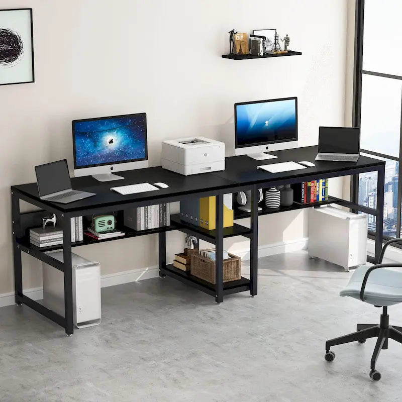 Bureau double poste de travail marron/blanc/noir/gris de 200 cm avec étagères de rangement pour 2 personnes