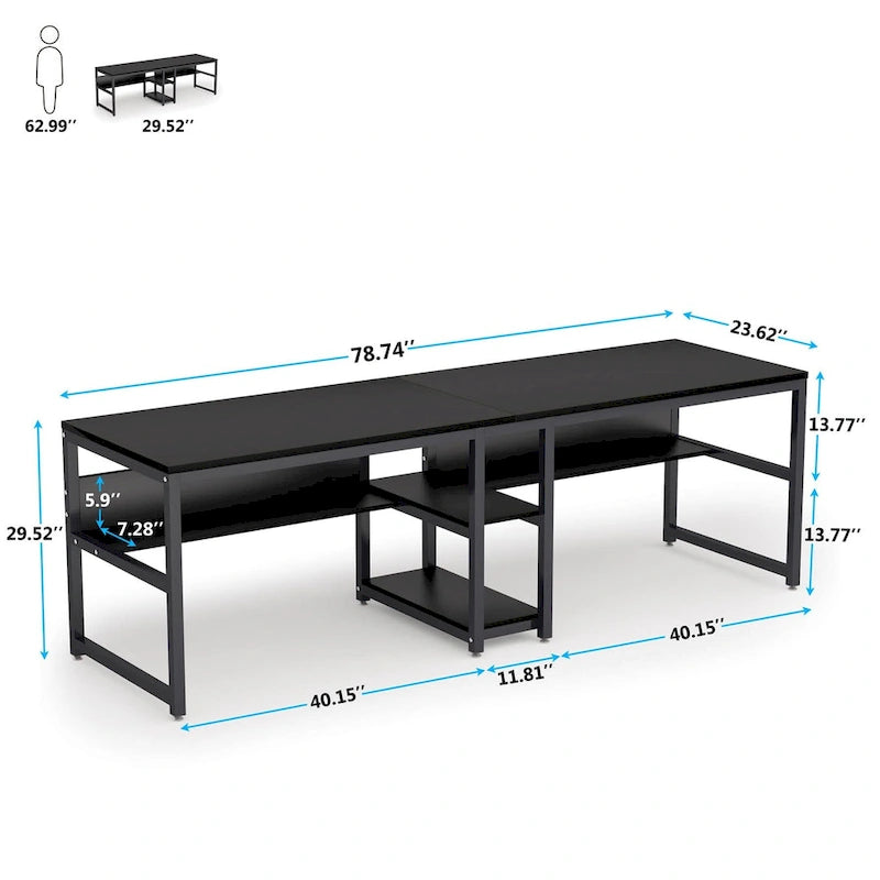 Bureau double poste de travail marron/blanc/noir/gris de 200 cm avec étagères de rangement pour 2 personnes