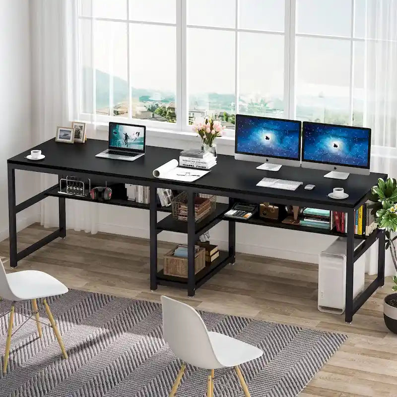 Bureau double poste de travail marron/blanc/noir/gris de 200 cm avec étagères de rangement pour 2 personnes