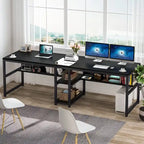 Bureau double poste de travail marron/blanc/noir/gris de 200 cm avec étagères de rangement pour 2 personnes