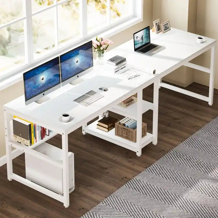 Bureau double poste de travail marron/blanc/noir/gris de 200 cm avec étagères de rangement pour 2 personnes