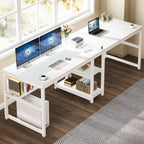 Bureau double poste de travail marron/blanc/noir/gris de 200 cm avec étagères de rangement pour 2 personnes