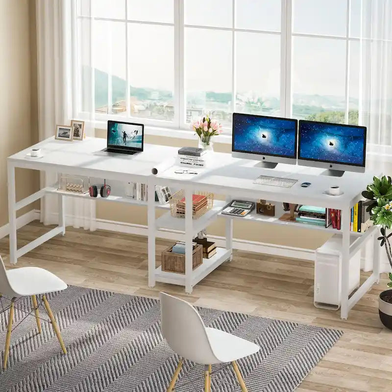 Bureau double poste de travail marron/blanc/noir/gris de 200 cm avec étagères de rangement pour 2 personnes