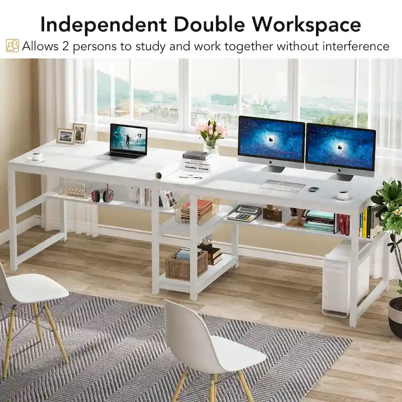 Bureau double poste de travail marron/blanc/noir/gris de 200 cm avec étagères de rangement pour 2 personnes