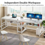 Bureau double poste de travail marron/blanc/noir/gris de 200 cm avec étagères de rangement pour 2 personnes