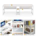 Bureau double poste de travail marron/blanc/noir/gris de 200 cm avec étagères de rangement pour 2 personnes