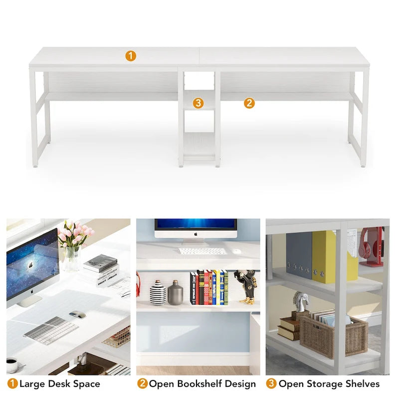 Bureau double poste de travail marron/blanc/noir/gris de 200 cm avec étagères de rangement pour 2 personnes