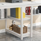 Bureau double poste de travail marron/blanc/noir/gris de 200 cm avec étagères de rangement pour 2 personnes