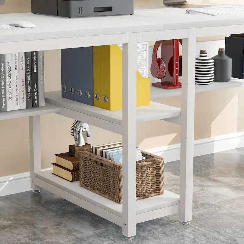 Bureau double poste de travail marron/blanc/noir/gris de 200 cm avec étagères de rangement pour 2 personnes