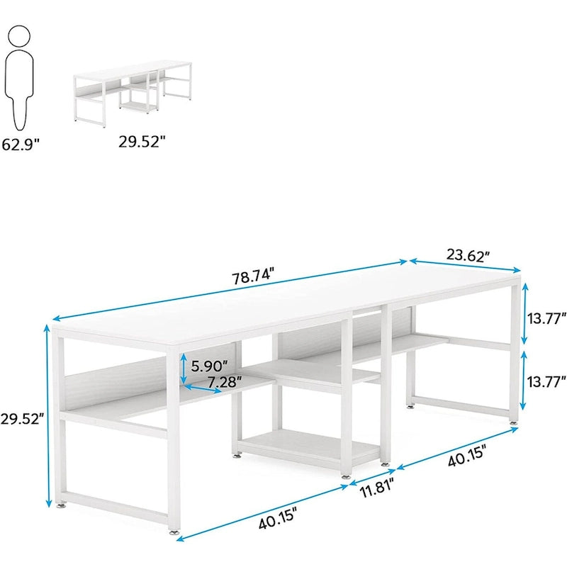 Bureau double poste de travail marron/blanc/noir/gris de 200 cm avec étagères de rangement pour 2 personnes