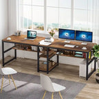 Bureau double poste de travail marron/blanc/noir/gris de 200 cm avec étagères de rangement pour 2 personnes