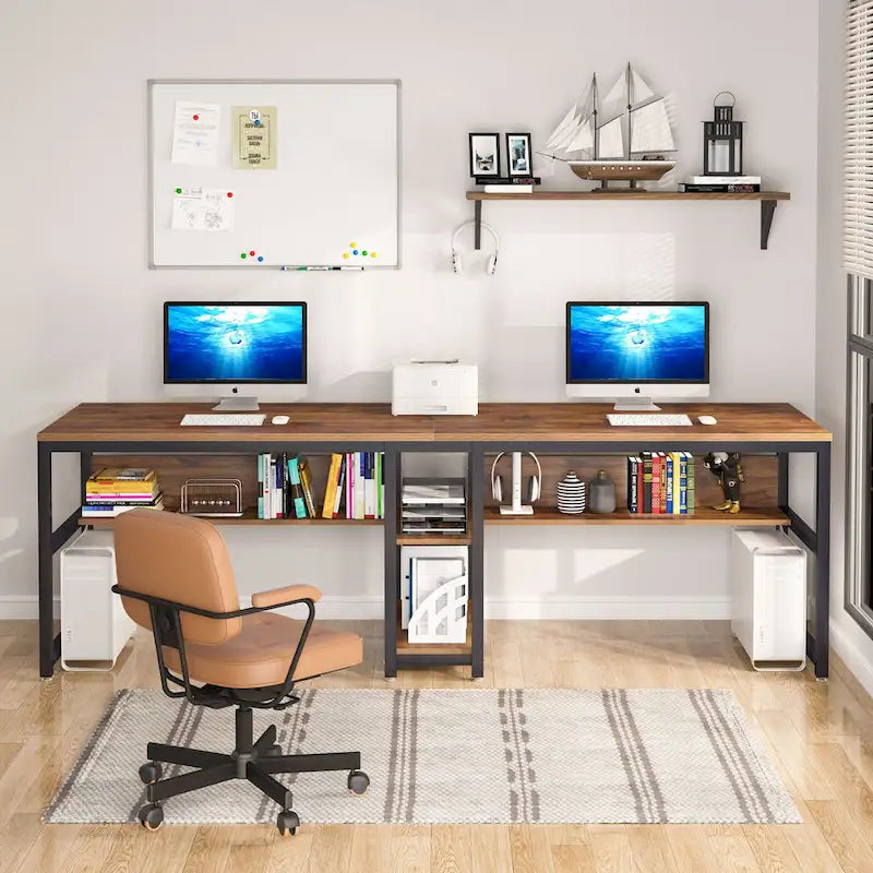 Bureau double poste de travail marron/blanc/noir/gris de 200 cm avec étagères de rangement pour 2 personnes