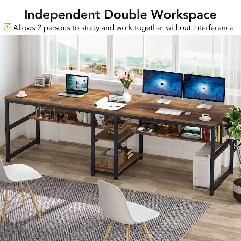 Bureau double poste de travail marron/blanc/noir/gris de 200 cm avec étagères de rangement pour 2 personnes