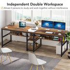 Bureau double poste de travail marron/blanc/noir/gris de 200 cm avec étagères de rangement pour 2 personnes