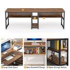 Bureau double poste de travail marron/blanc/noir/gris de 200 cm avec étagères de rangement pour 2 personnes