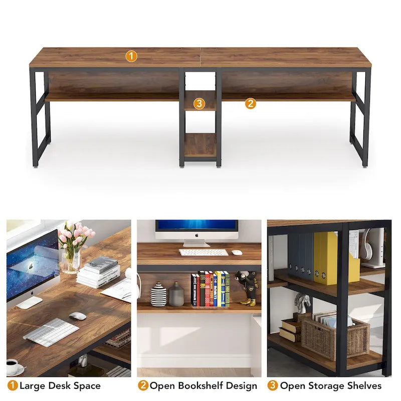 Bureau double poste de travail marron/blanc/noir/gris de 200 cm avec étagères de rangement pour 2 personnes