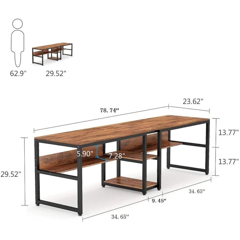 Bureau double poste de travail marron/blanc/noir/gris de 200 cm avec étagères de rangement pour 2 personnes