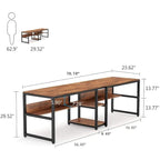 Bureau double poste de travail marron/blanc/noir/gris de 200 cm avec étagères de rangement pour 2 personnes