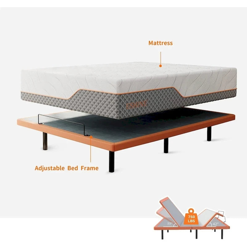 Cadre de lit réglable - Matelas hybride 14 pouces, Gris, Split King/King/Queen/Twin XL, 1-2 personnes
