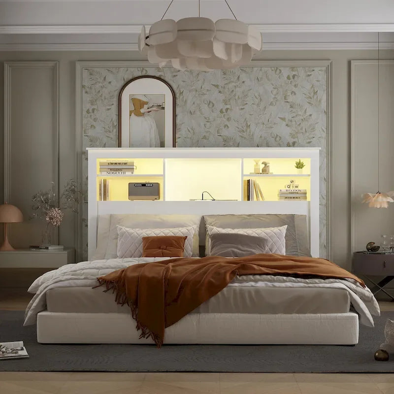 Tête de lit bibliothèque Queen avec lumière LED RVB, 2 personnes