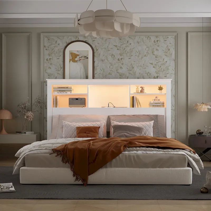 Tête de lit bibliothèque Queen avec lumière LED RVB, 2 personnes