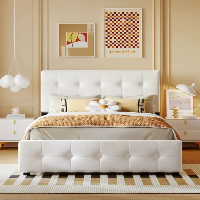 Lit plateforme grand format avec tête de lit capitonnée et 4 tiroirs, blanc/gris foncé/beige/gris clair, pour 2 personnes