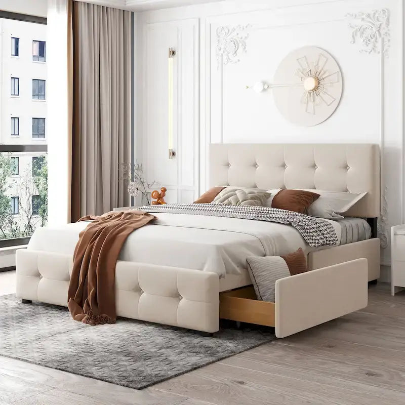 Lit plateforme grand format avec tête de lit capitonnée et 4 tiroirs, blanc/gris foncé/beige/gris clair, pour 2 personnes