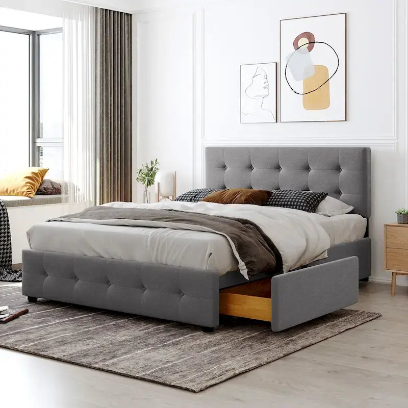 Lit plateforme grand format avec tête de lit capitonnée et 4 tiroirs, blanc/gris foncé/beige/gris clair, pour 2 personnes
