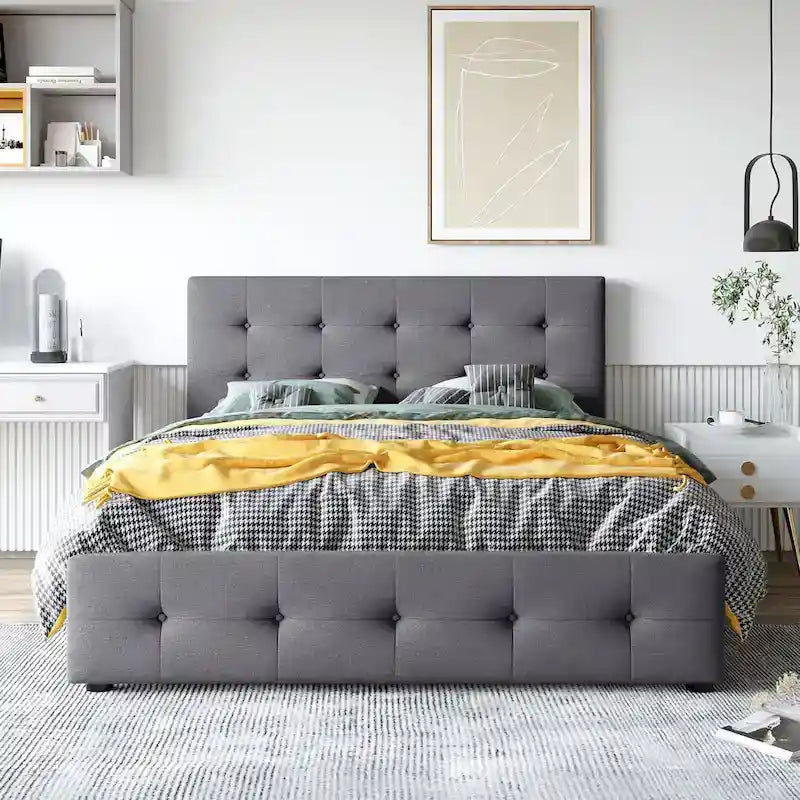 Lit plateforme grand format avec tête de lit capitonnée et 4 tiroirs, blanc/gris foncé/beige/gris clair, pour 2 personnes