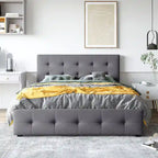 Lit plateforme grand format avec tête de lit capitonnée et 4 tiroirs, blanc/gris foncé/beige/gris clair, pour 2 personnes