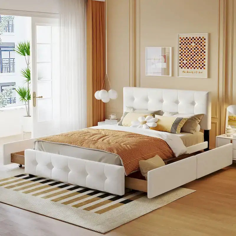Lit plateforme grand format avec tête de lit capitonnée et 4 tiroirs, blanc/gris foncé/beige/gris clair, pour 2 personnes