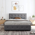 Lit plateforme grand format avec tête de lit capitonnée et 4 tiroirs, blanc/gris foncé/beige/gris clair, pour 2 personnes