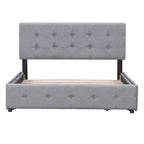 Lit plateforme grand format avec tête de lit capitonnée et 4 tiroirs, blanc/gris foncé/beige/gris clair, pour 2 personnes