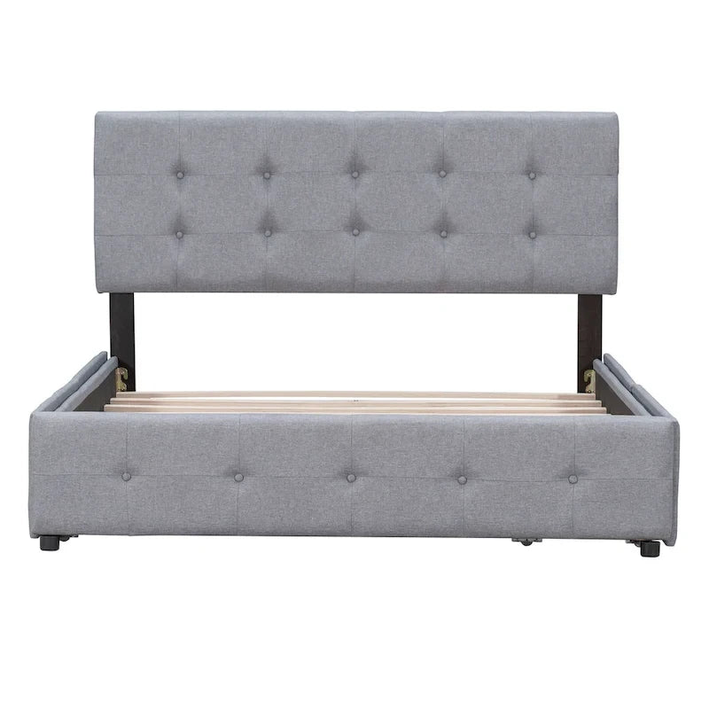 Lit plateforme grand format avec tête de lit capitonnée et 4 tiroirs, blanc/gris foncé/beige/gris clair, pour 2 personnes