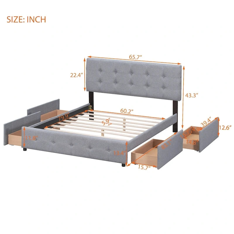 Lit plateforme grand format avec tête de lit capitonnée et 4 tiroirs, blanc/gris foncé/beige/gris clair, pour 2 personnes