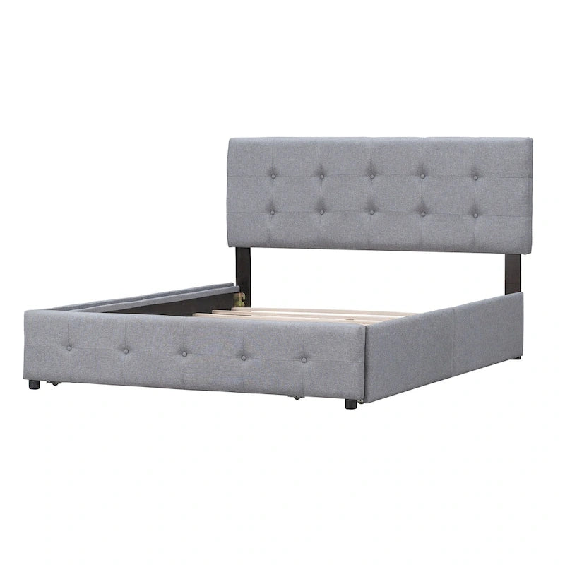 Lit plateforme grand format avec tête de lit capitonnée et 4 tiroirs, blanc/gris foncé/beige/gris clair, pour 2 personnes