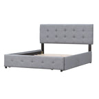 Lit plateforme grand format avec tête de lit capitonnée et 4 tiroirs, blanc/gris foncé/beige/gris clair, pour 2 personnes