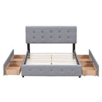 Lit plateforme grand format avec tête de lit capitonnée et 4 tiroirs, blanc/gris foncé/beige/gris clair, pour 2 personnes