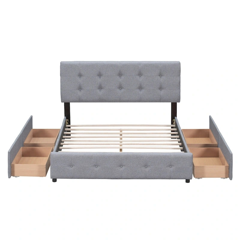 Lit plateforme grand format avec tête de lit capitonnée et 4 tiroirs, blanc/gris foncé/beige/gris clair, pour 2 personnes
