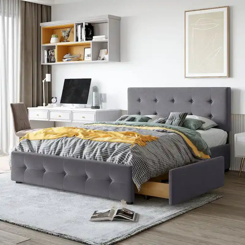 Lit plateforme grand format avec tête de lit capitonnée et 4 tiroirs, blanc/gris foncé/beige/gris clair, pour 2 personnes