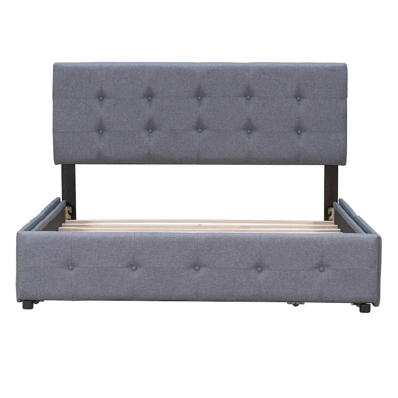 Lit plateforme grand format avec tête de lit capitonnée et 4 tiroirs, blanc/gris foncé/beige/gris clair, pour 2 personnes